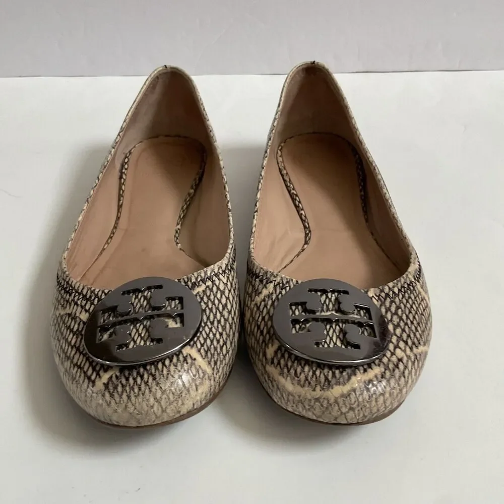 Tory Burch Reva Snakeskin Python Embossed Ballet Flats Sz 8M medallion Logo